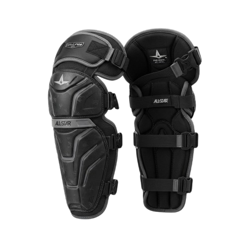 Black motorcycle knee pads with adjustable straps and protective padding shown front and side view