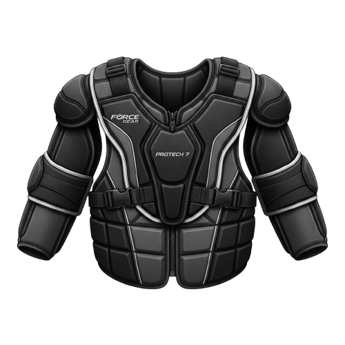 Black and gray padded chest protector with shoulder pads and adjustable straps for ice hockey or similar sports
