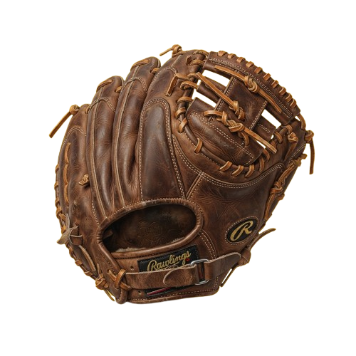 A brown leather catcher's mitt with tan stitching and a deep pocket for catching baseballs