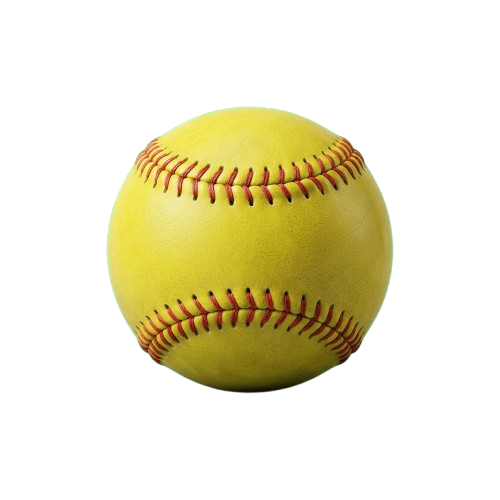 Bright yellow softball with red stitching against a black background