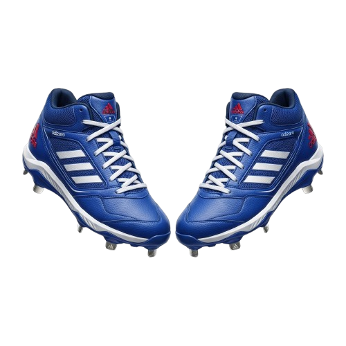 Pair of blue baseball cleats with white stripes and red accents shown against black background