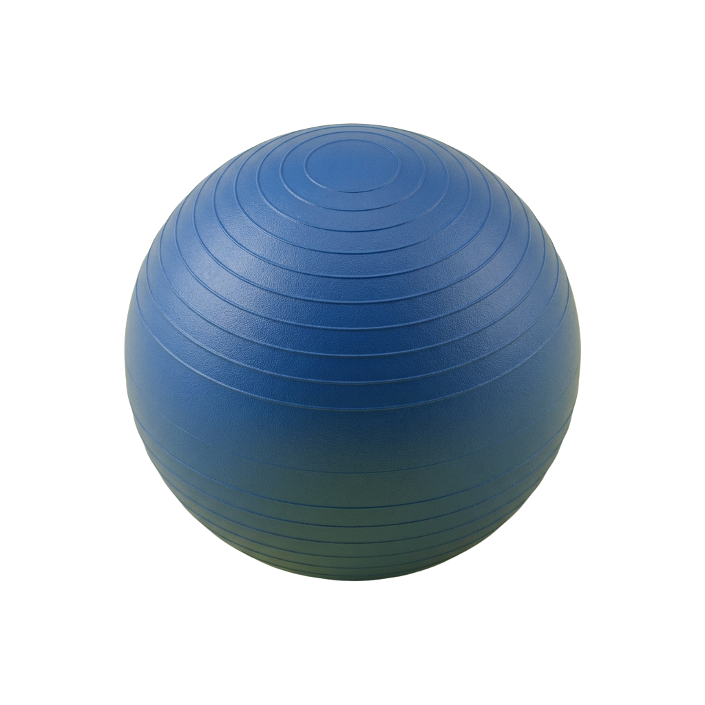 A smooth blue exercise ball with concentric circles texture against a black background