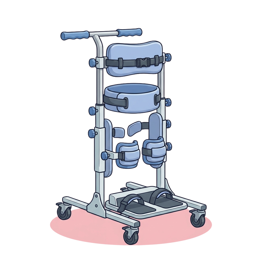 Illustration of a standing medical frame with padded seat and leg supports on wheels