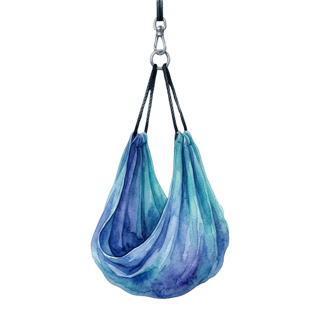 A soft blue watercolor fabric hammock hanging from black ropes with a metal hook attachment.