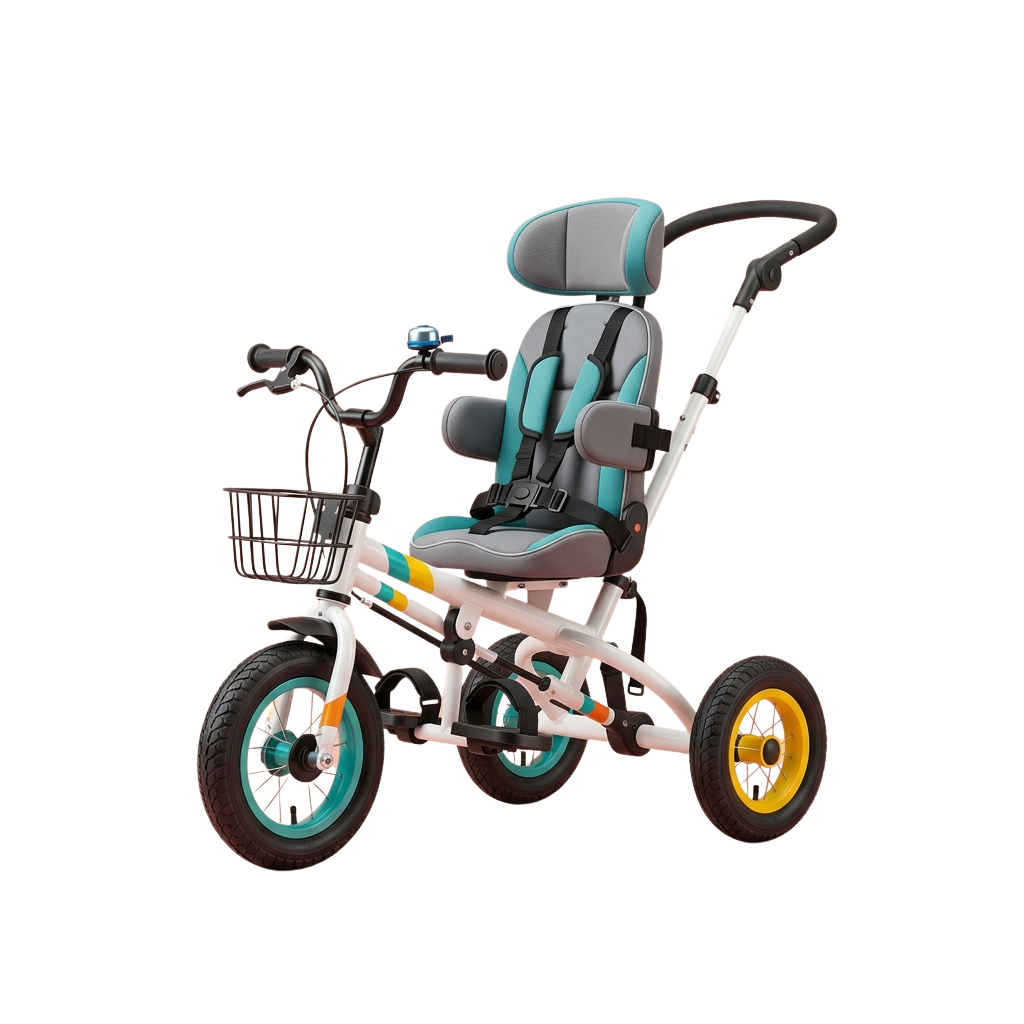 Electric tricycle toy with a padded seat, handlebars, basket, and three wheels including two yellow front wheels