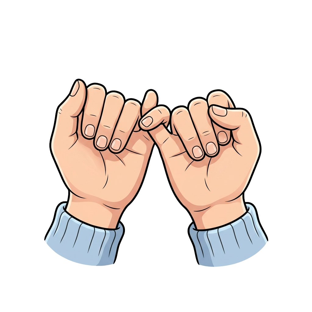 Two hands wearing light blue cuffs making a peace sign gesture against a black background