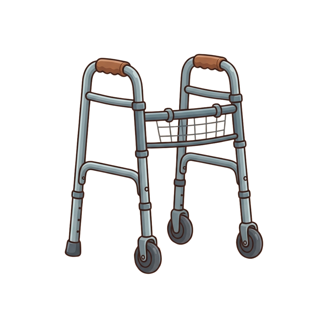 A mobility walker with two front wheels and padded hand grips for support