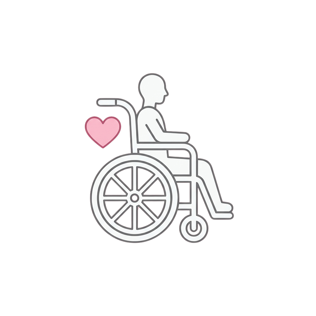 White silhouette of a person in a wheelchair with a pink heart symbol near their hand