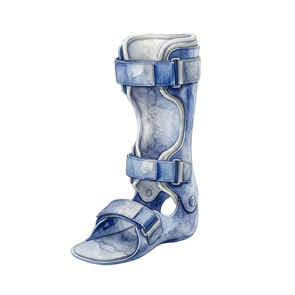 A blue ankle brace with straps for stabilizing and supporting an injured ankle