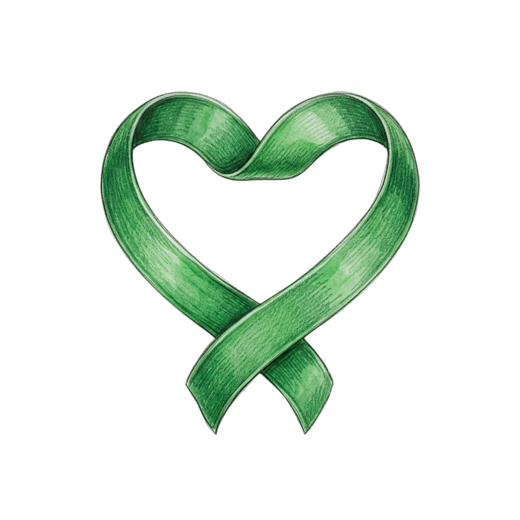 A green ribbon tied in a heart shape against a black background