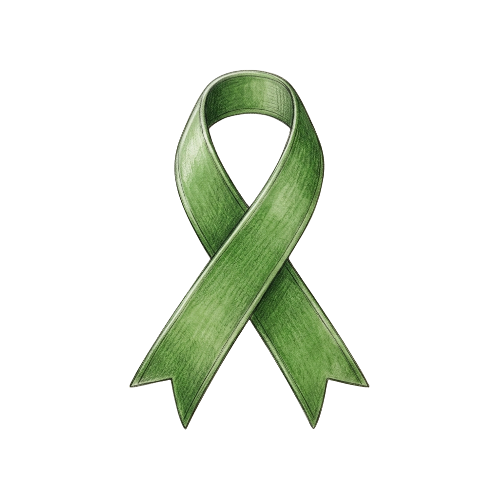 A green awareness ribbon symbol on a black background