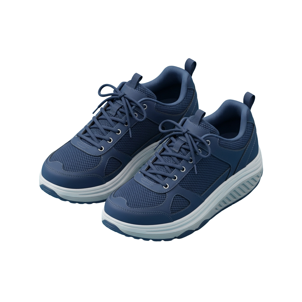 Pair of blue athletic running shoes with white soles and laces, shown against a black background
