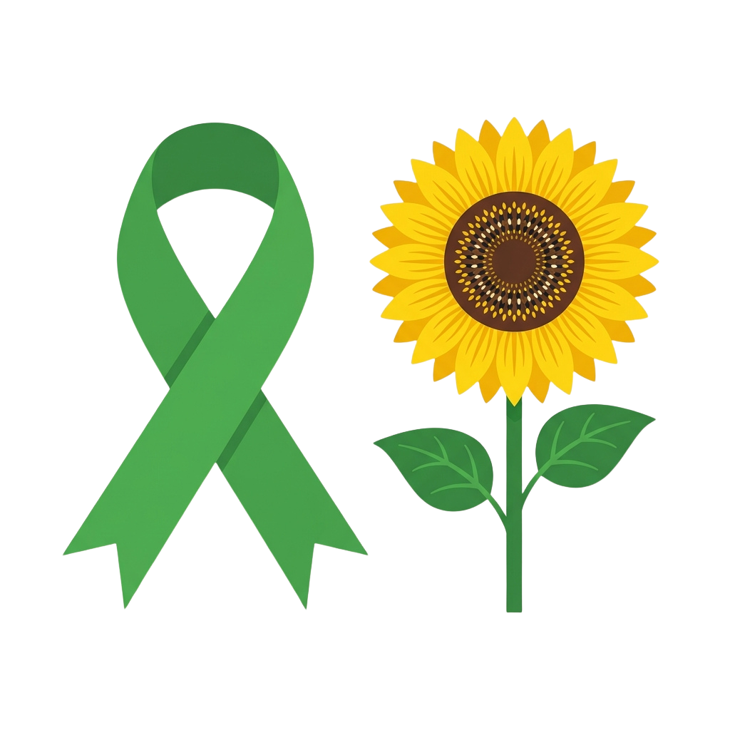Green awareness ribbon next to a bright yellow sunflower with green leaves