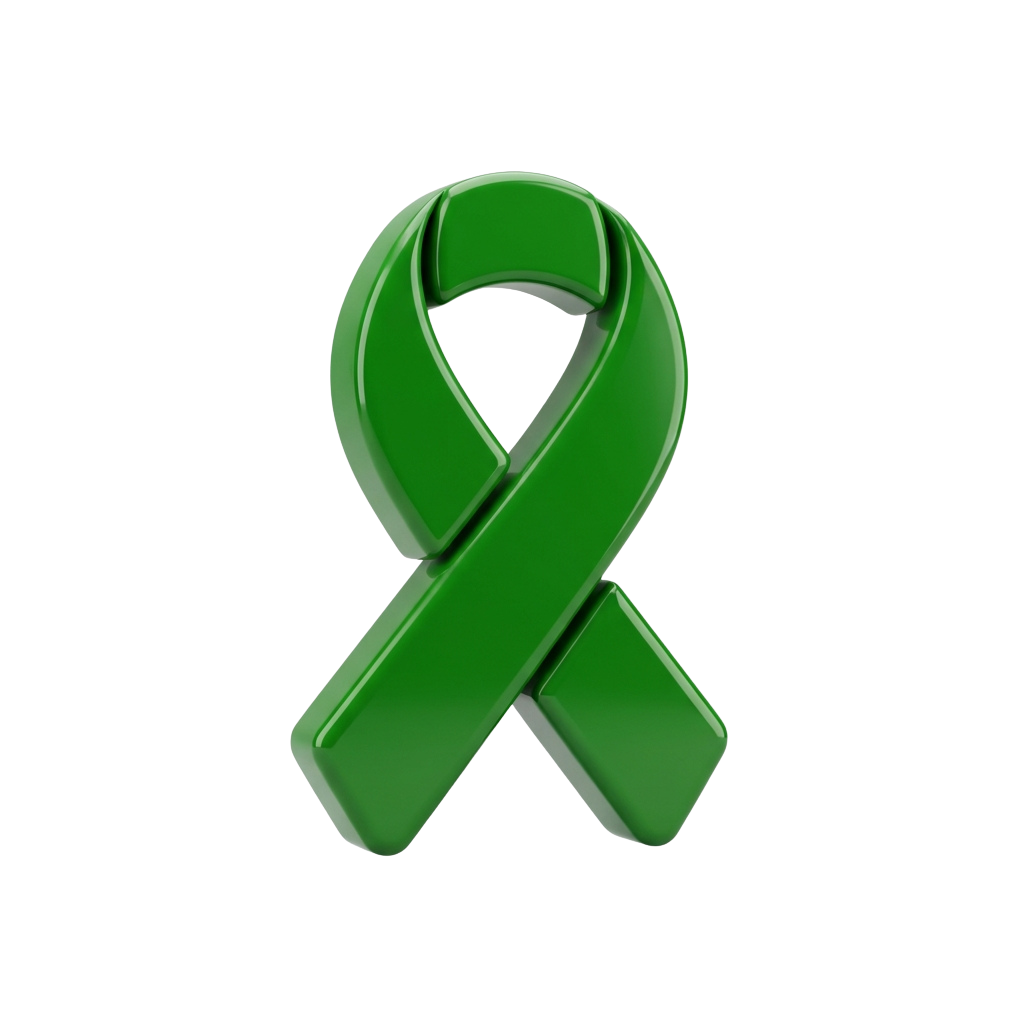 A green awareness ribbon symbol against a black background