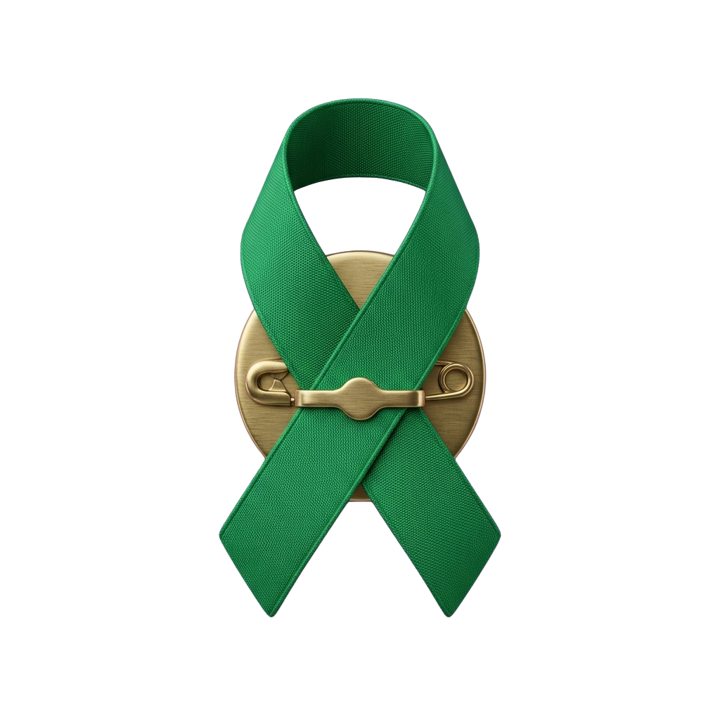 A green awareness ribbon pin with a gold clasp attached to a circular backing.