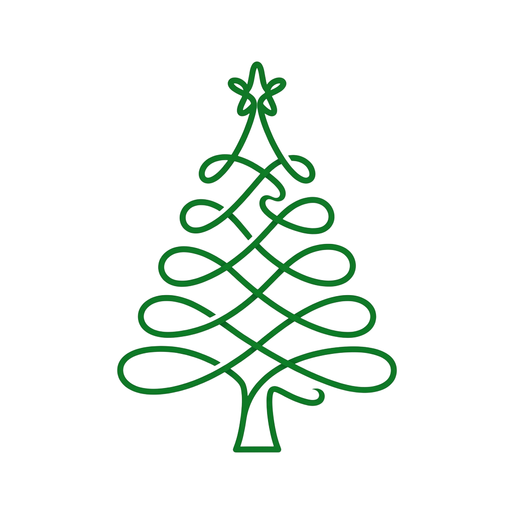 A stylized green Christmas tree made of abstract loops and swirls on a black background