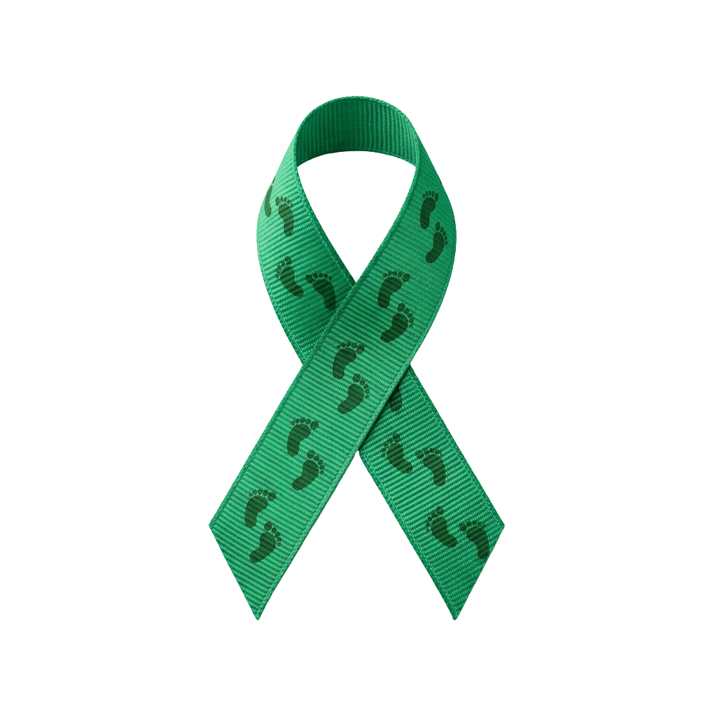 A green awareness ribbon featuring small black footprint patterns on a textured background