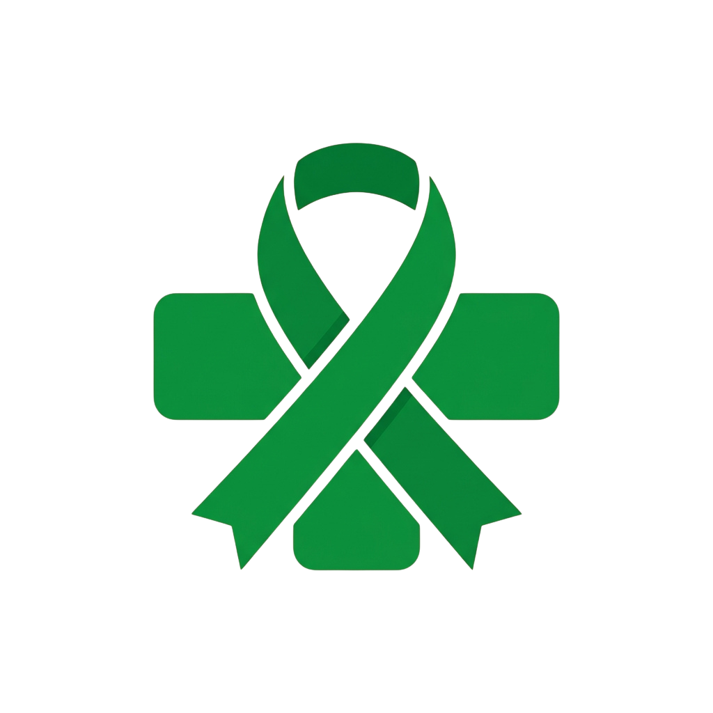 A green awareness ribbon with two green bars crossing underneath it on a black background