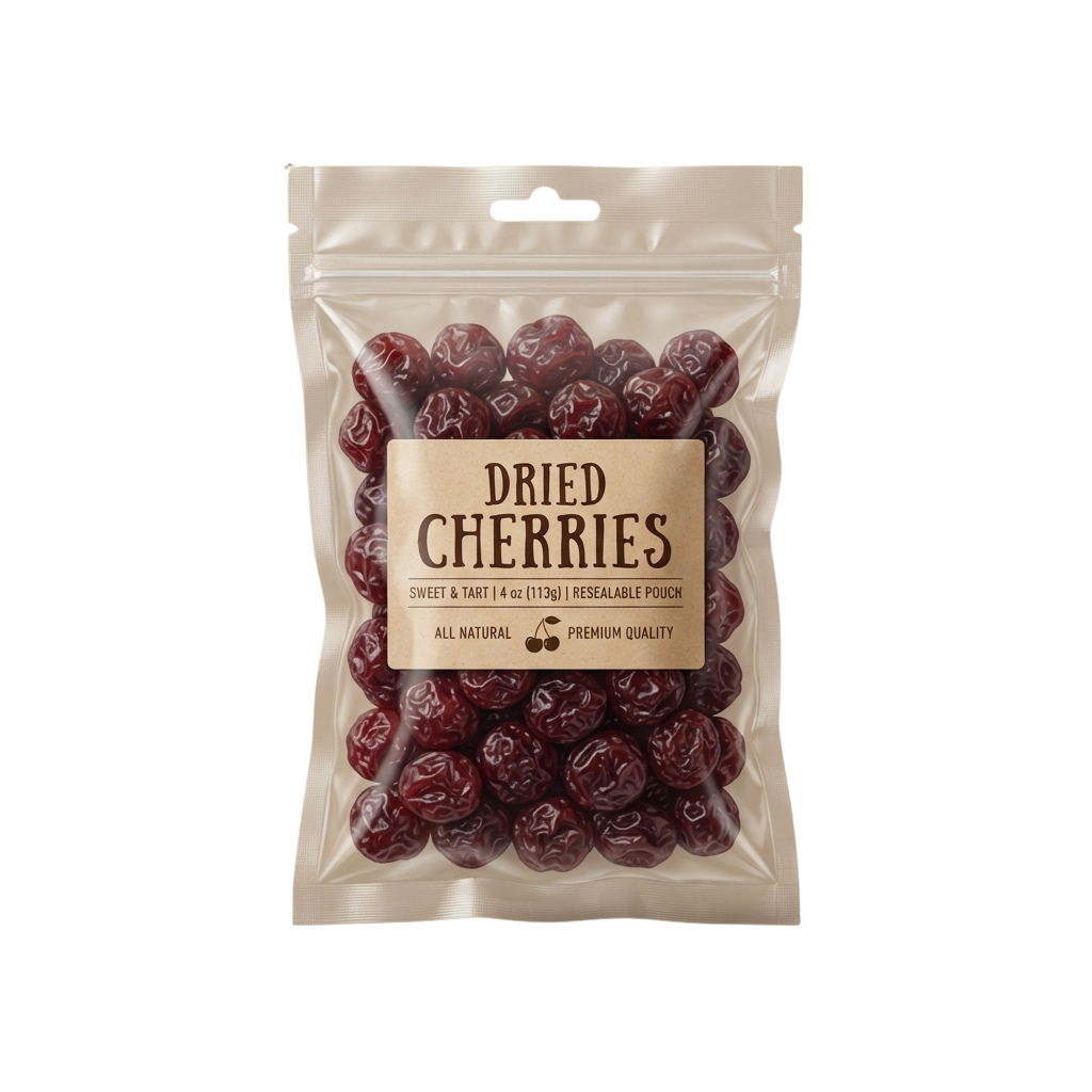 A clear resealable pouch filled with dried sweet and tart cherries, labeled as all natural and premium quality.