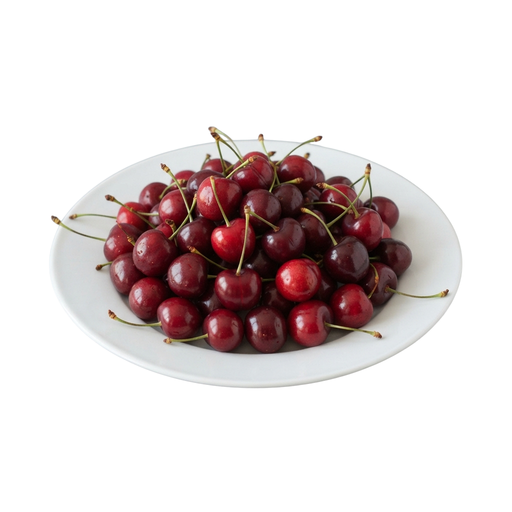A white plate filled with fresh red cherries with stems attached