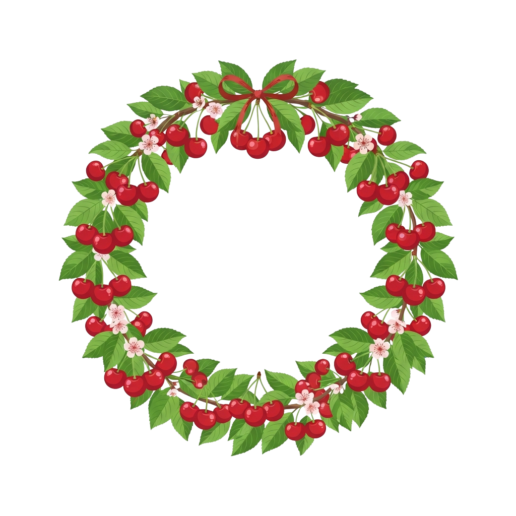 A circular holiday wreath made of green leaves and red berries with a decorative red bow on top