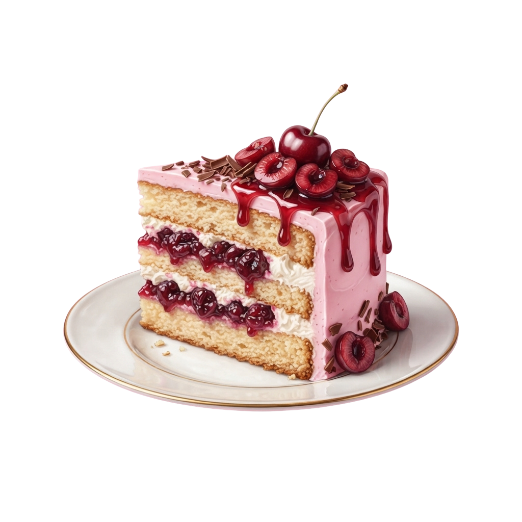 A slice of layered vanilla cake with cherry filling, pink icing drizzle, and fresh cherries on a white plate