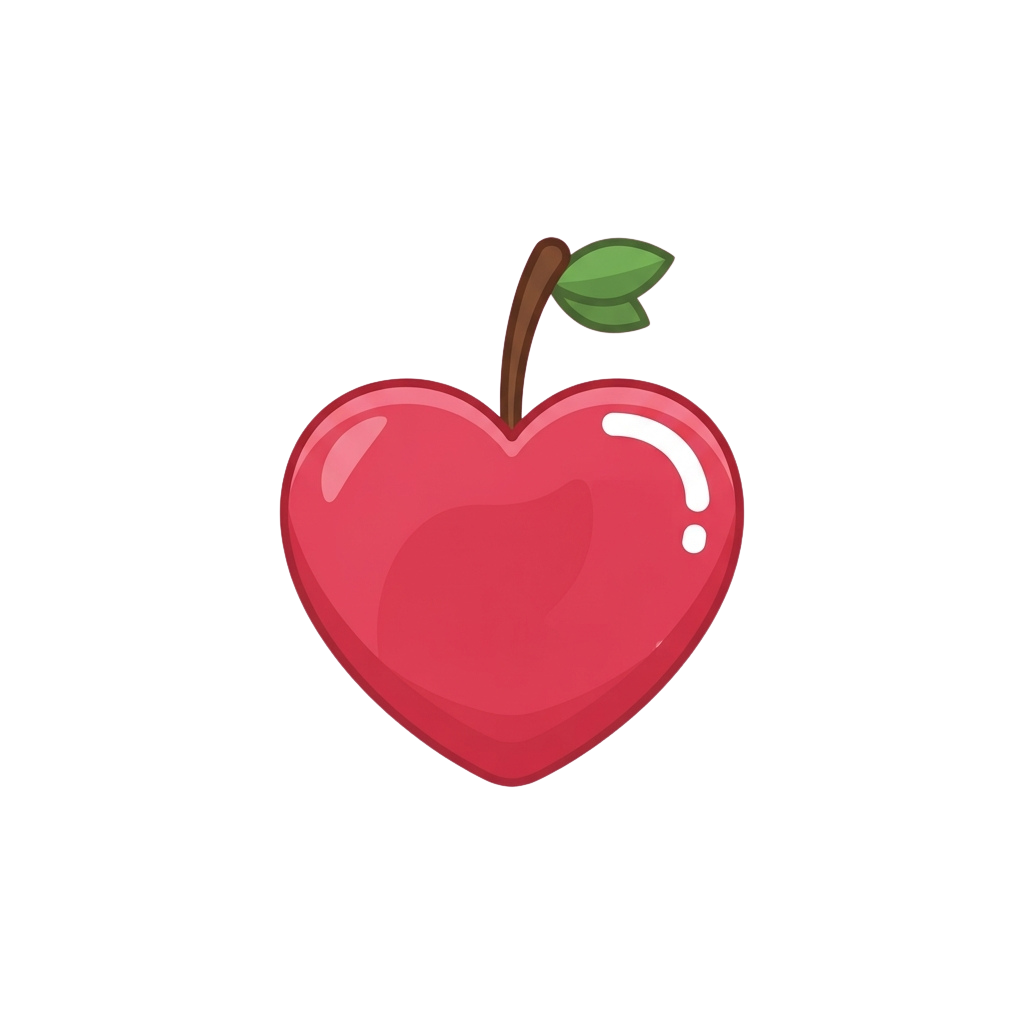 A heart-shaped red apple with a green leafy stem against a black background