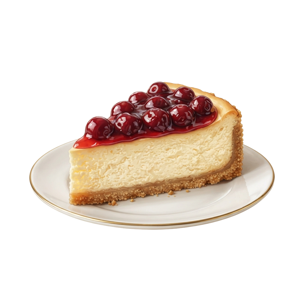 A slice of cheesecake topped with cherries and cherry sauce on a white plate