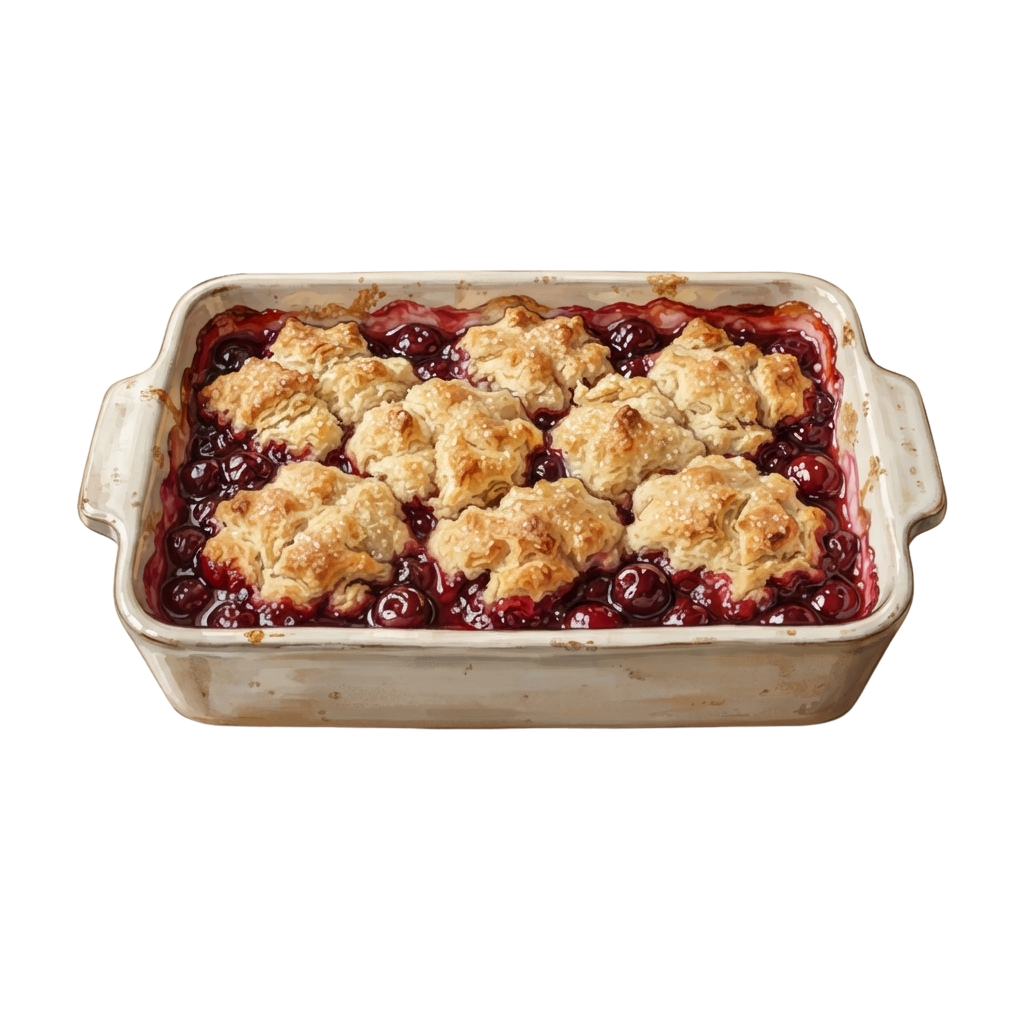 A baked berry crumble dessert in a rectangular ceramic dish with golden crumble topping and red berry filling