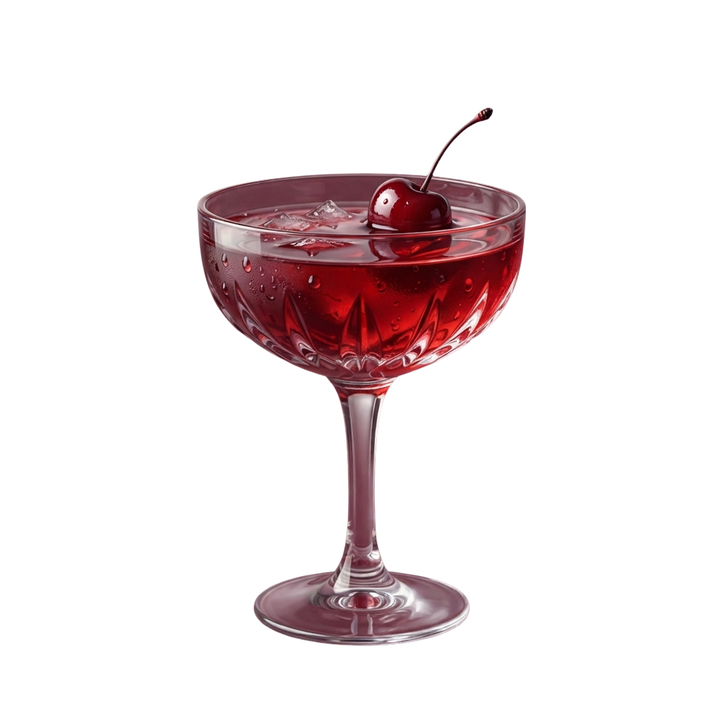 A martini glass filled with a pink cocktail and a cherry garnish on a black background