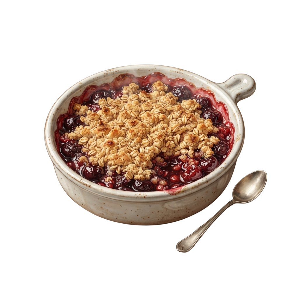 A ceramic bowl filled with berry crumble dessert topped with oats and a spoon beside it