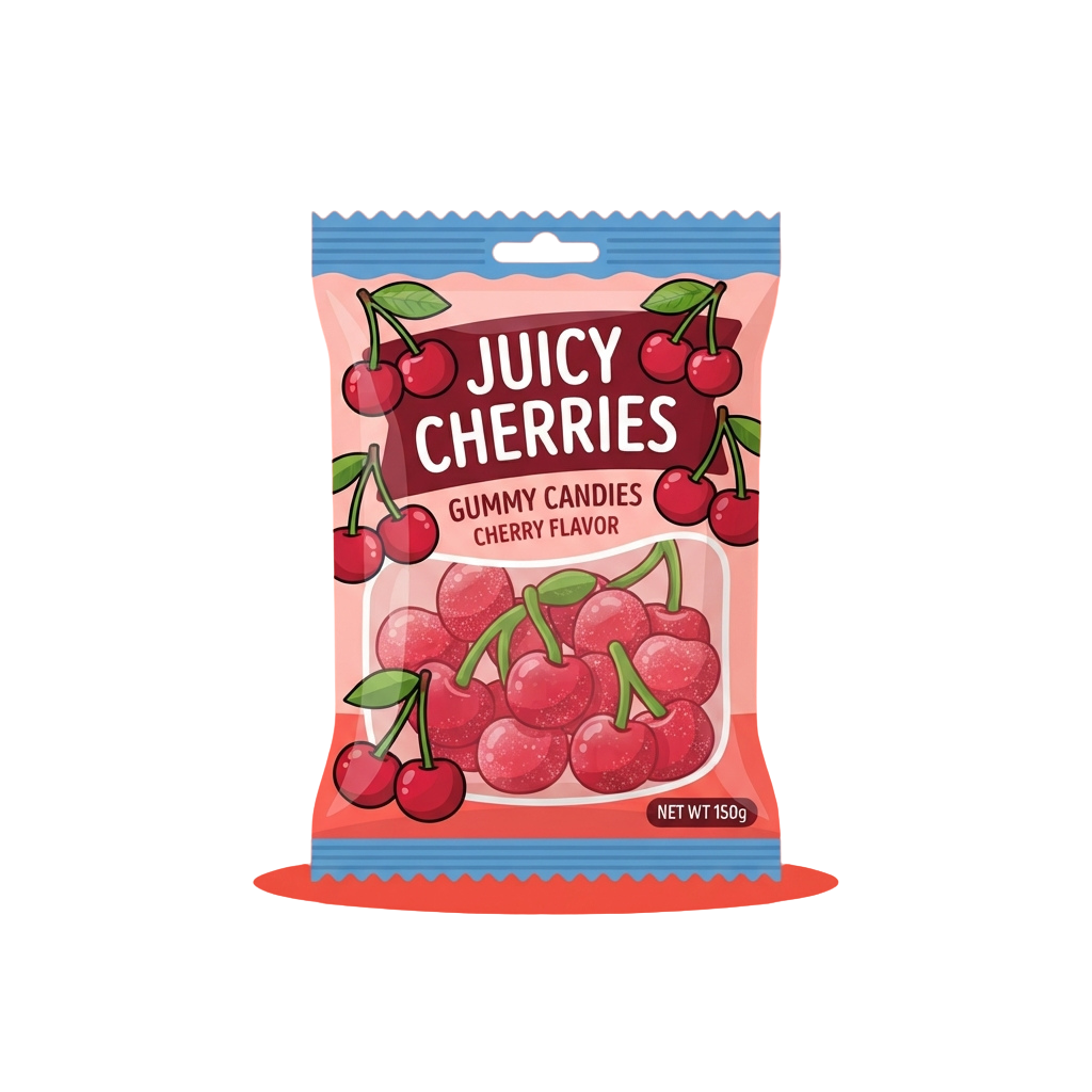Bag of gummy candies shaped like cherries with cherry flavor label and pink blue trim