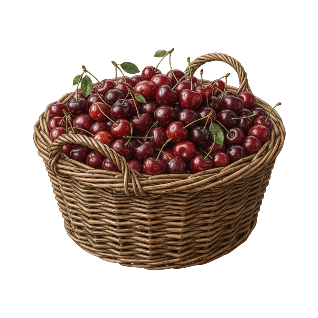 A wicker basket filled with bright red cherries and small green leaves