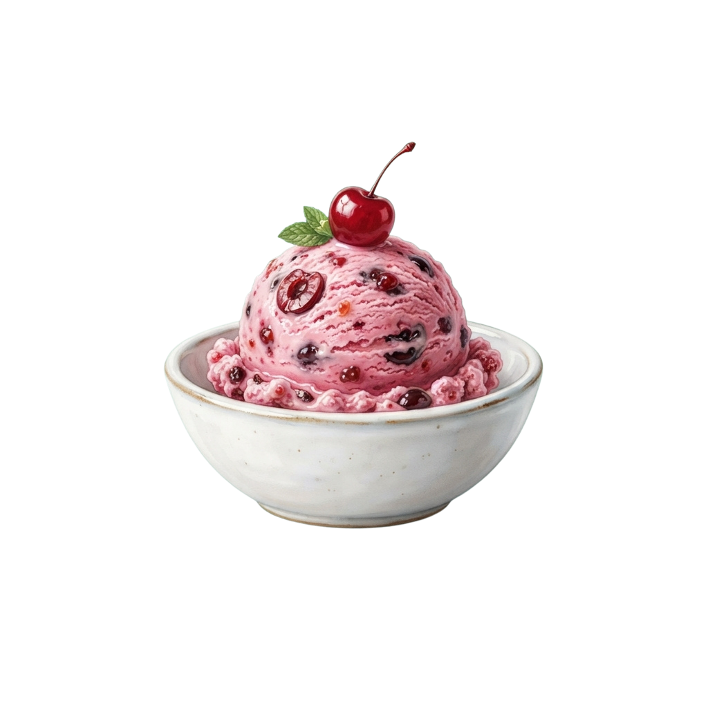 A bowl of pink berry ice cream topped with a cherry and berry pieces