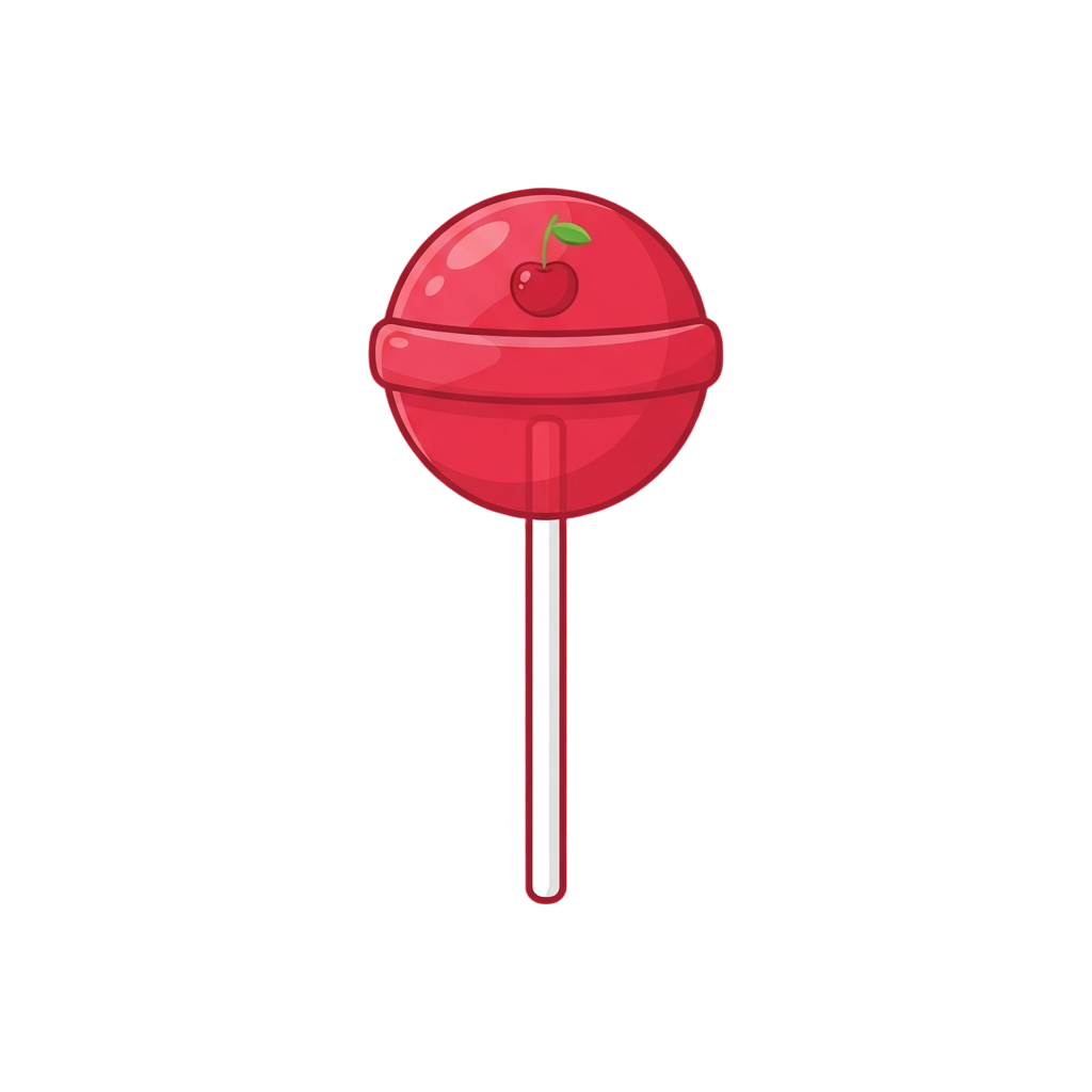 A glossy red lollipop with a small green cherry decoration on top, attached to a white stick