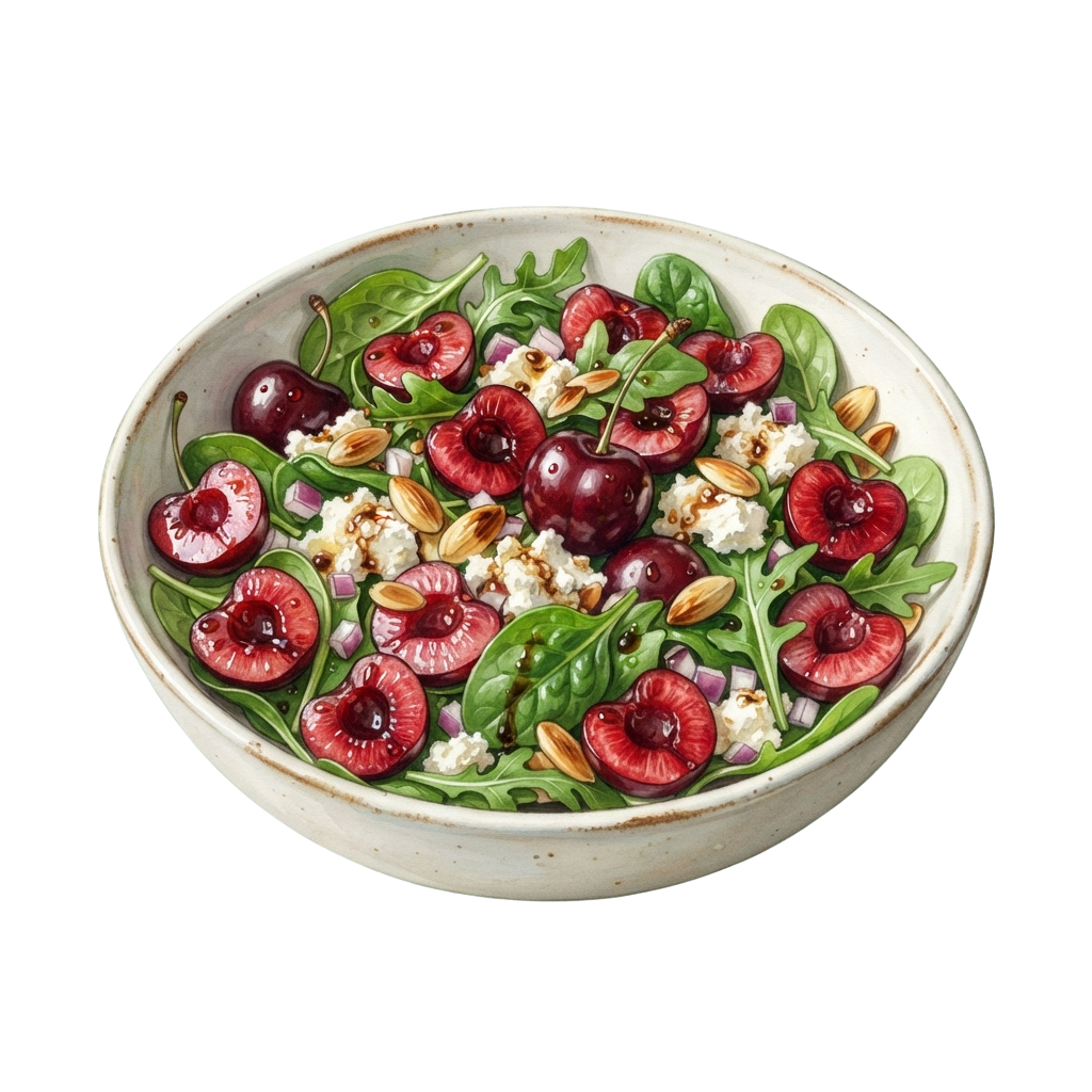 Bowl of salad featuring halved cherries, greens, white cheese, sliced red onions, and almonds