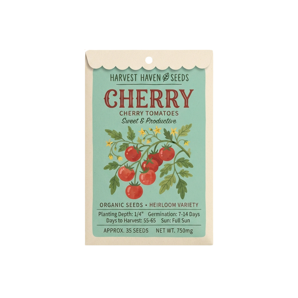 Seed packet for organic heirloom cherry tomatoes showing planting details and illustrations of tomatoes on vine
