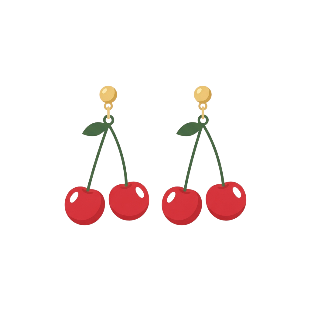 Pair of gold earrings featuring red cherries with green leaves attached to gold hooks
