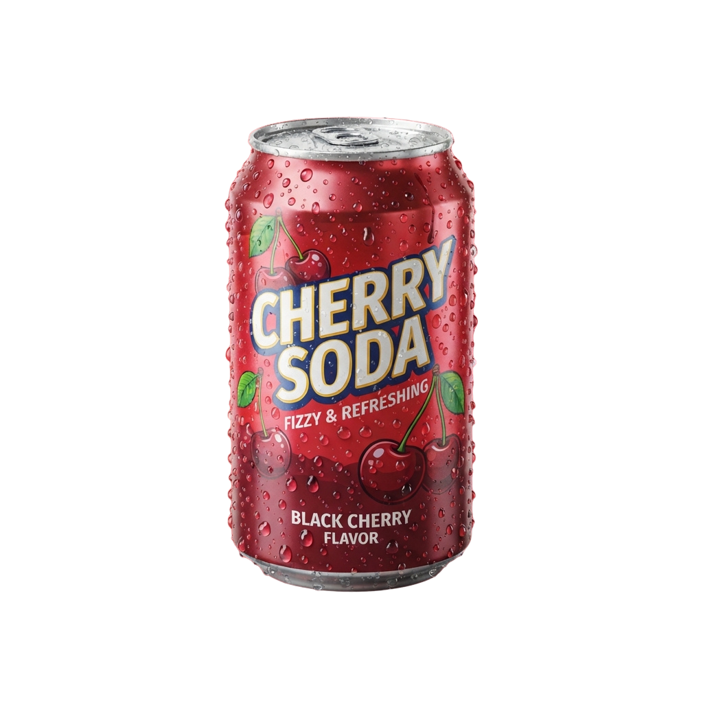 A can of cherry soda with black cherry flavor, covered in condensation droplets, showing a fizzy and refreshing appearance