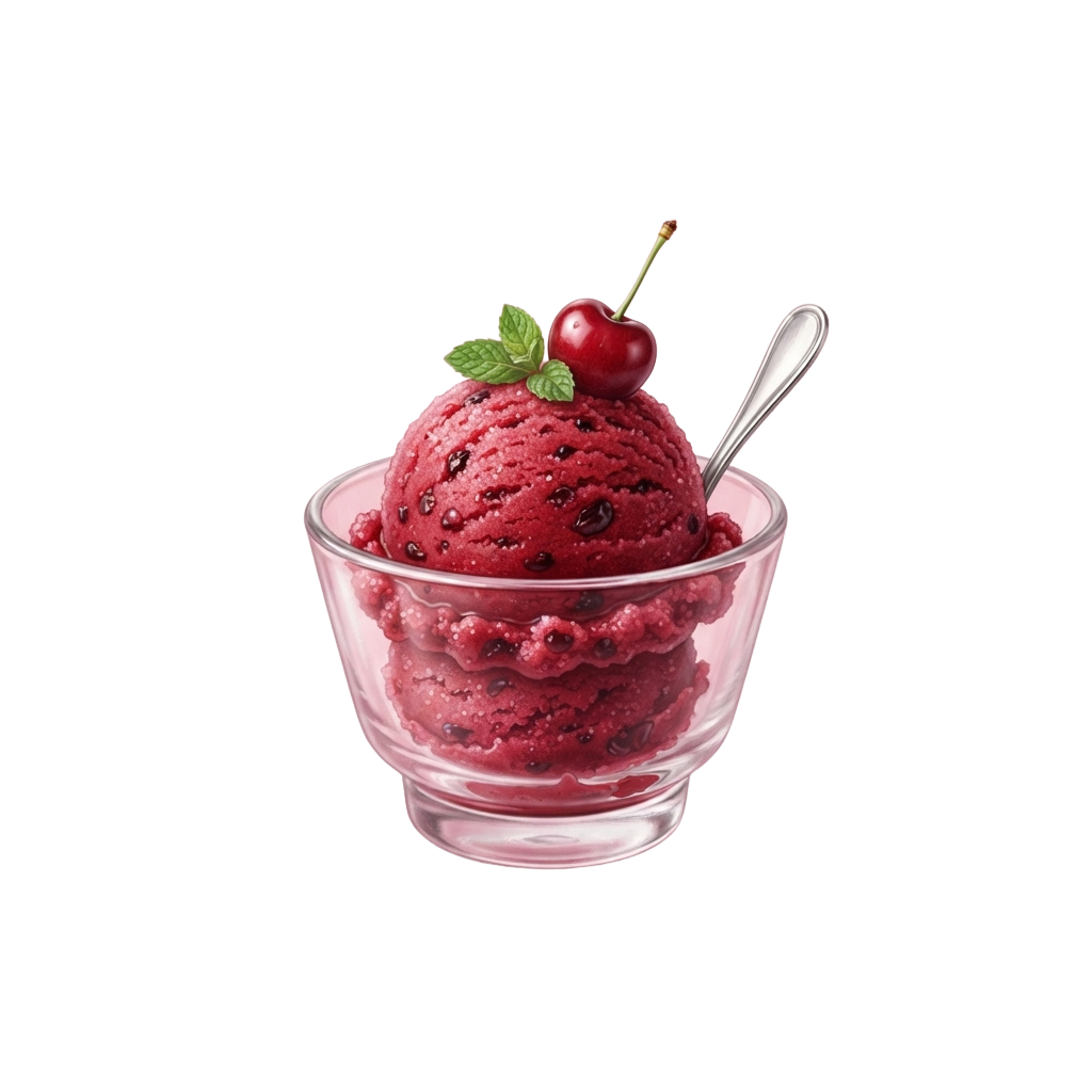 A glass bowl filled with red berry sorbet topped with a cherry and mint leaf, served with a spoon