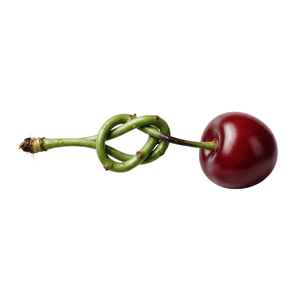 A cherry with a green stem twisted into a knot against a black background