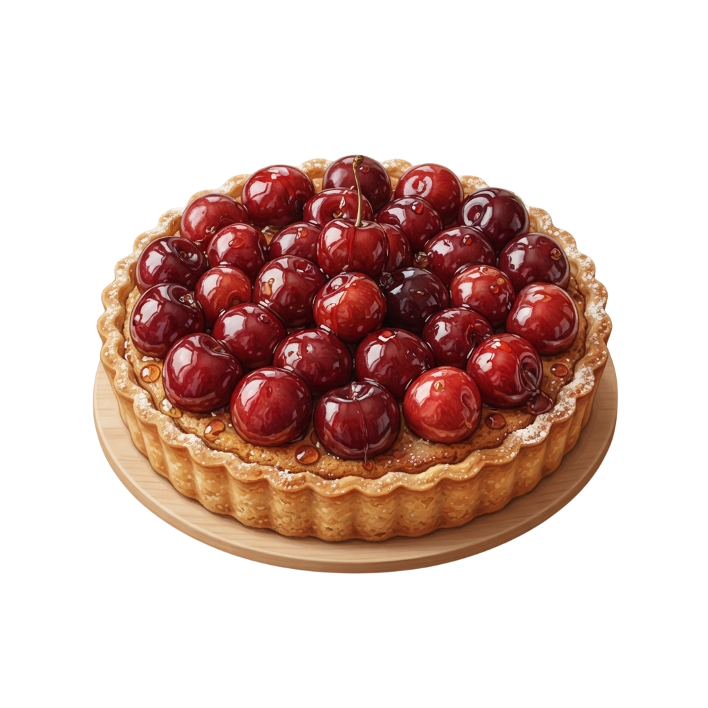 A golden tart filled with cherries arranged neatly on top, placed on a wooden plate.