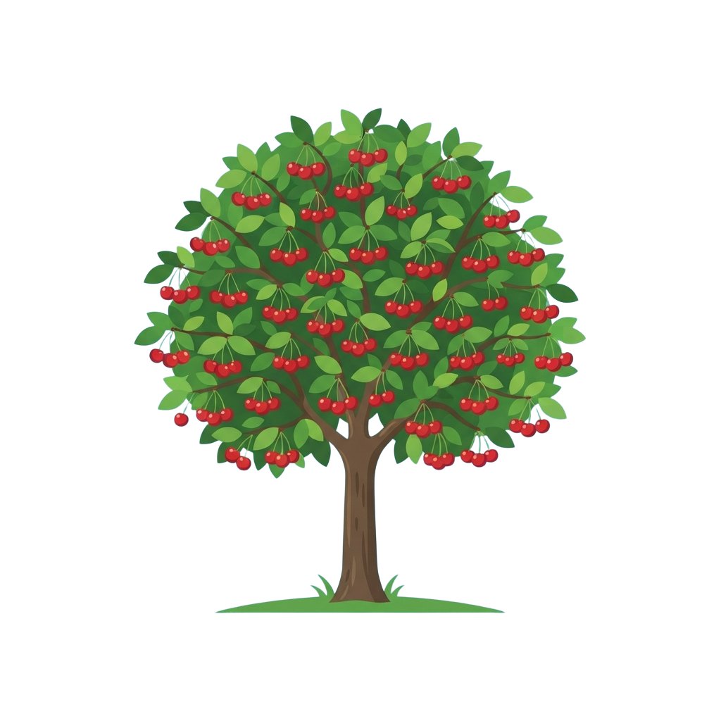 A stylized illustration of a cherry tree with green leaves and red cherries against a black background