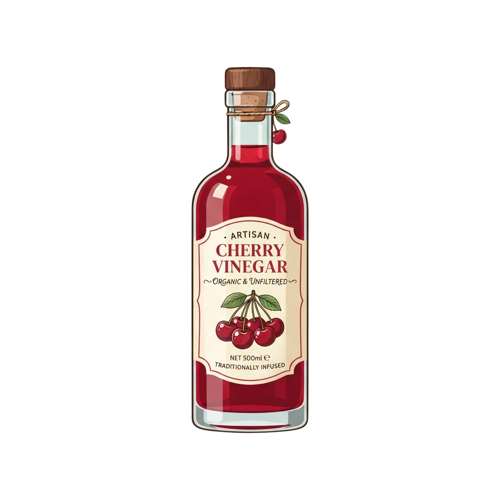 Bottle of artisan cherry vinegar with wooden top and label showing cherries, organic and unfiltered text