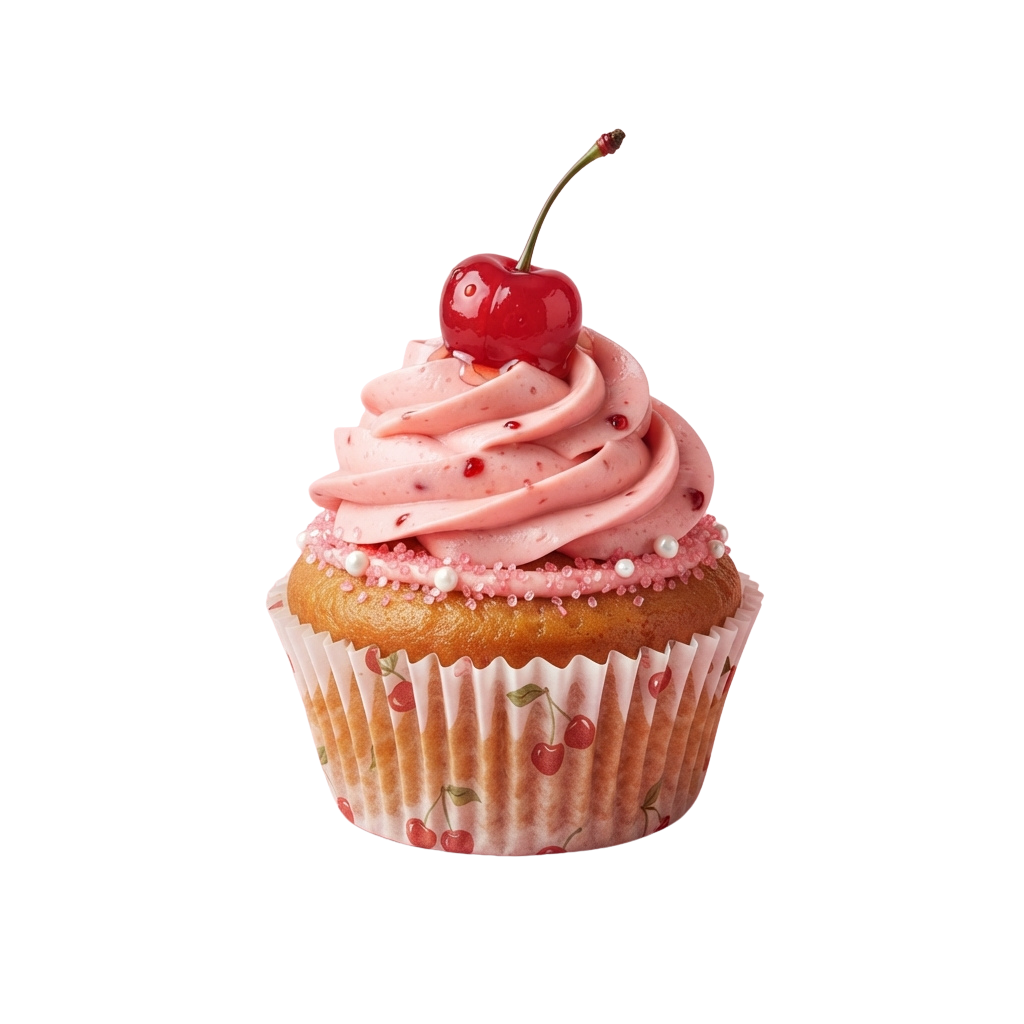 A cupcake with pink frosting, sprinkles, and a cherry on top in a pink paper liner