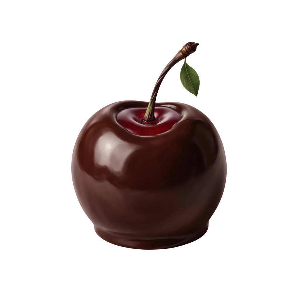 A glossy dark chocolate cherry with a stem and leaf on a black background