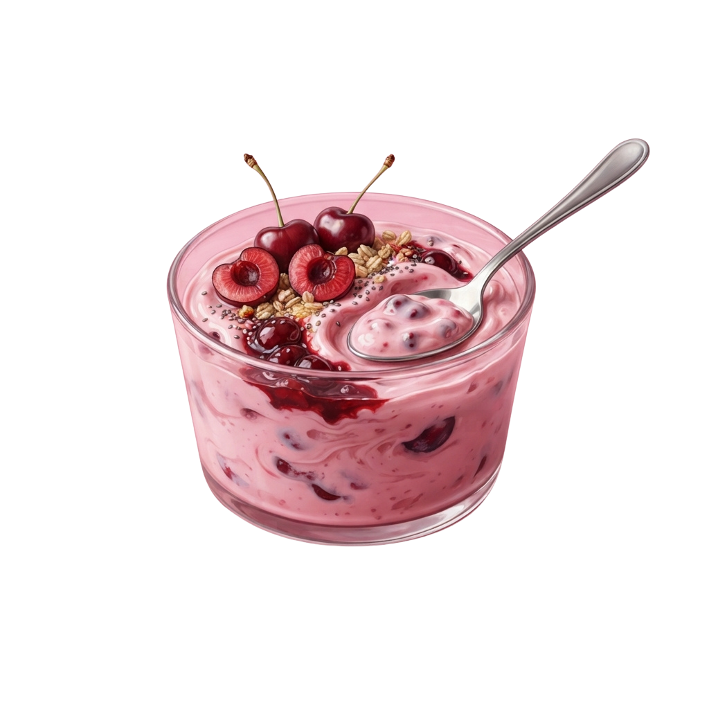 A glass bowl of pink berry yogurt topped with fresh cherries and granola, served with a spoon