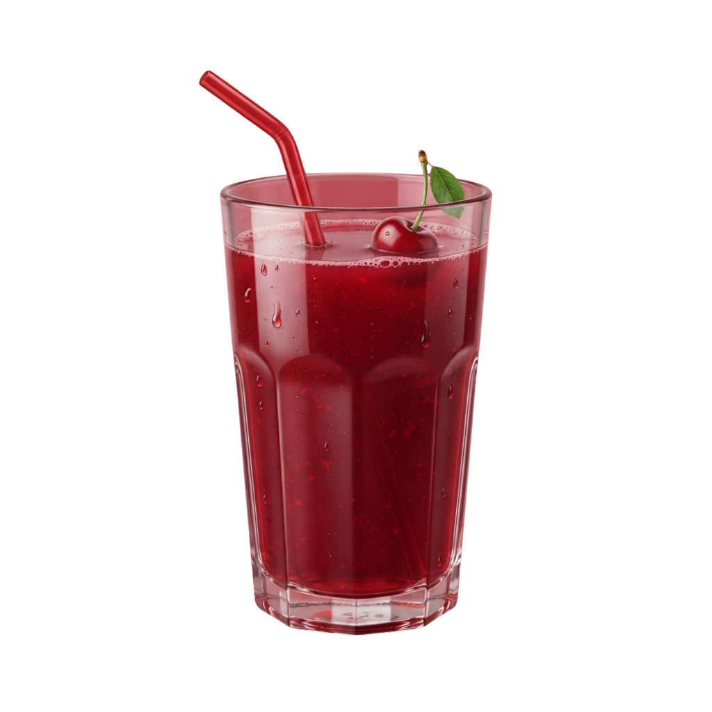 A tall glass filled with a red cherry drink, garnished with a cherry and leaf, and a red straw.