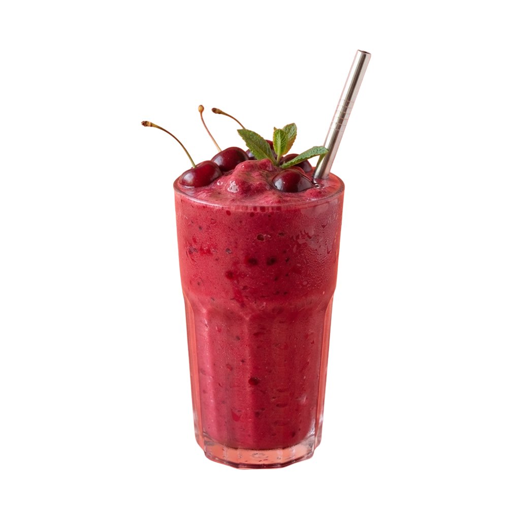 A tall glass of thick red berry smoothie garnished with fresh cherries and mint leaves, topped with a metal straw.