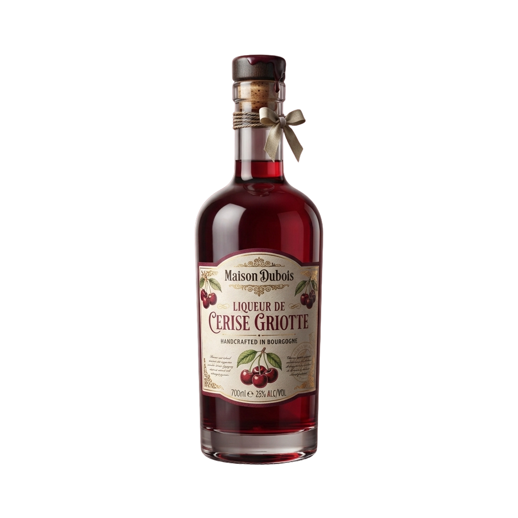 Bottle of handcrafted cherry liqueur with decorative ribbon and label showing cherries and text